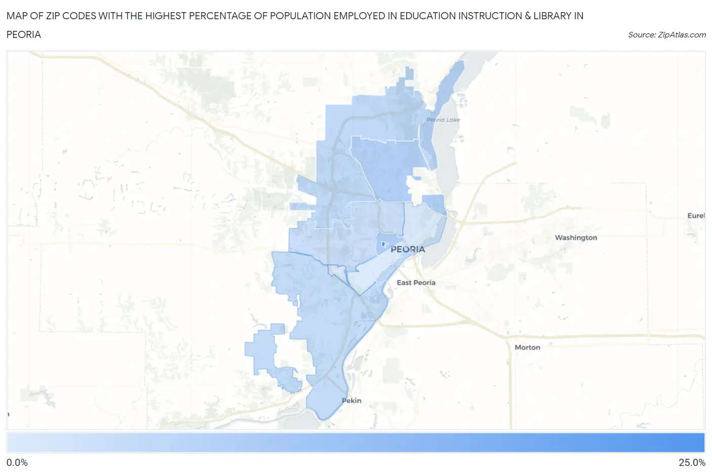 Zip Codes with the Highest Percentage of Population Employed in Education Instruction & Library in Peoria Map