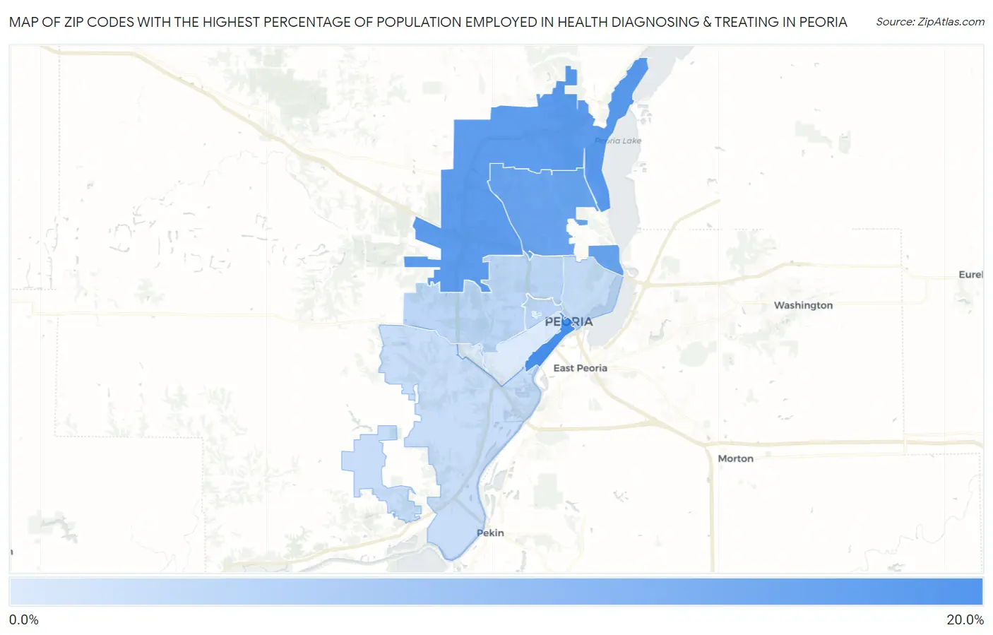 Zip Codes with the Highest Percentage of Population Employed in Health Diagnosing & Treating in Peoria Map