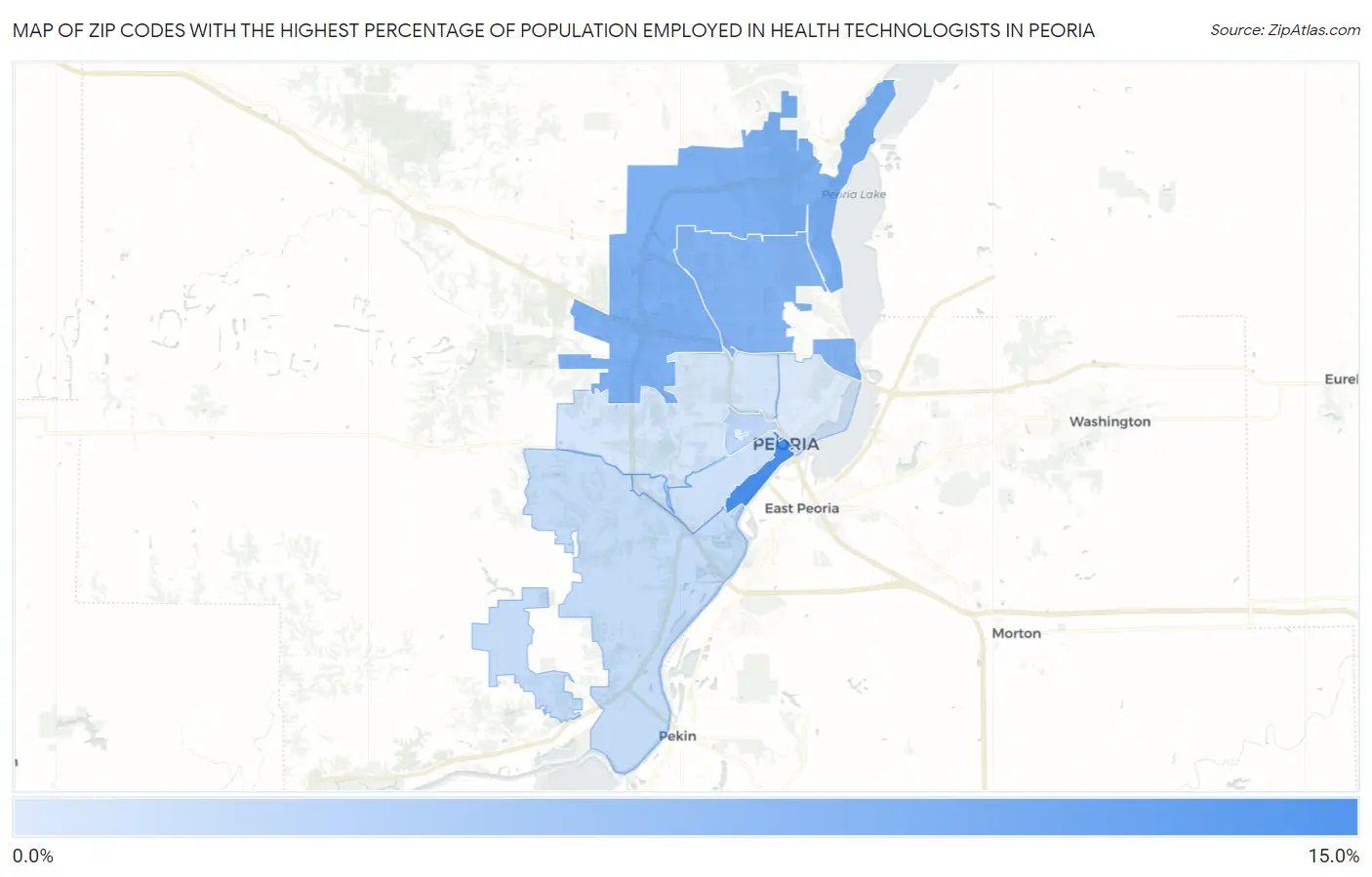 Zip Codes with the Highest Percentage of Population Employed in Health Technologists in Peoria Map