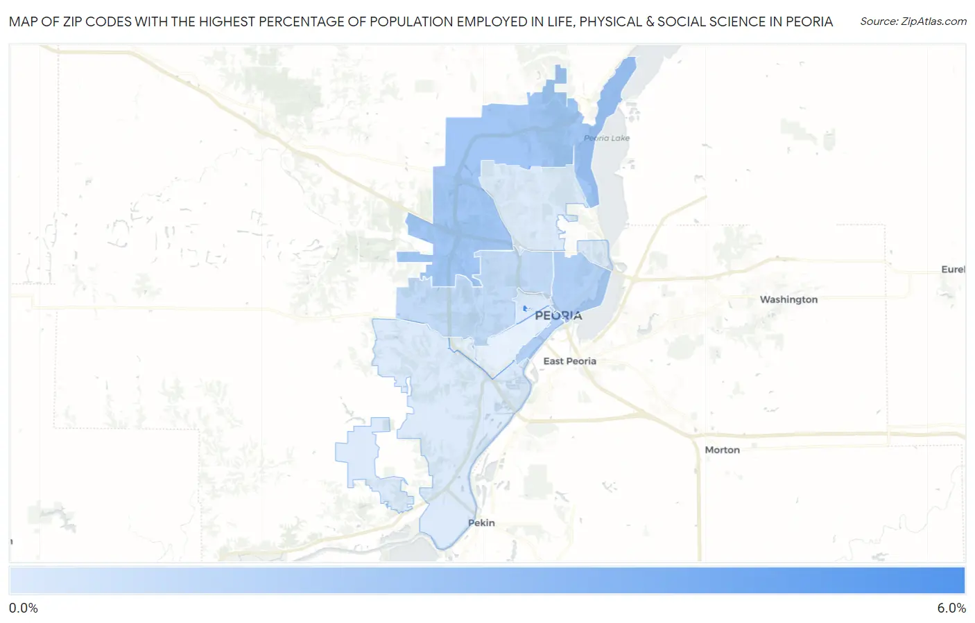 Zip Codes with the Highest Percentage of Population Employed in Life, Physical & Social Science in Peoria Map