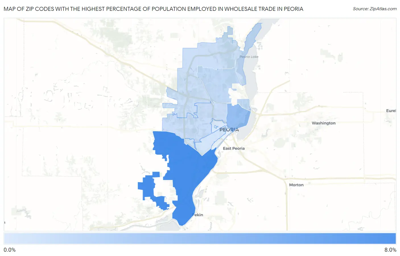 Zip Codes with the Highest Percentage of Population Employed in Wholesale Trade in Peoria Map