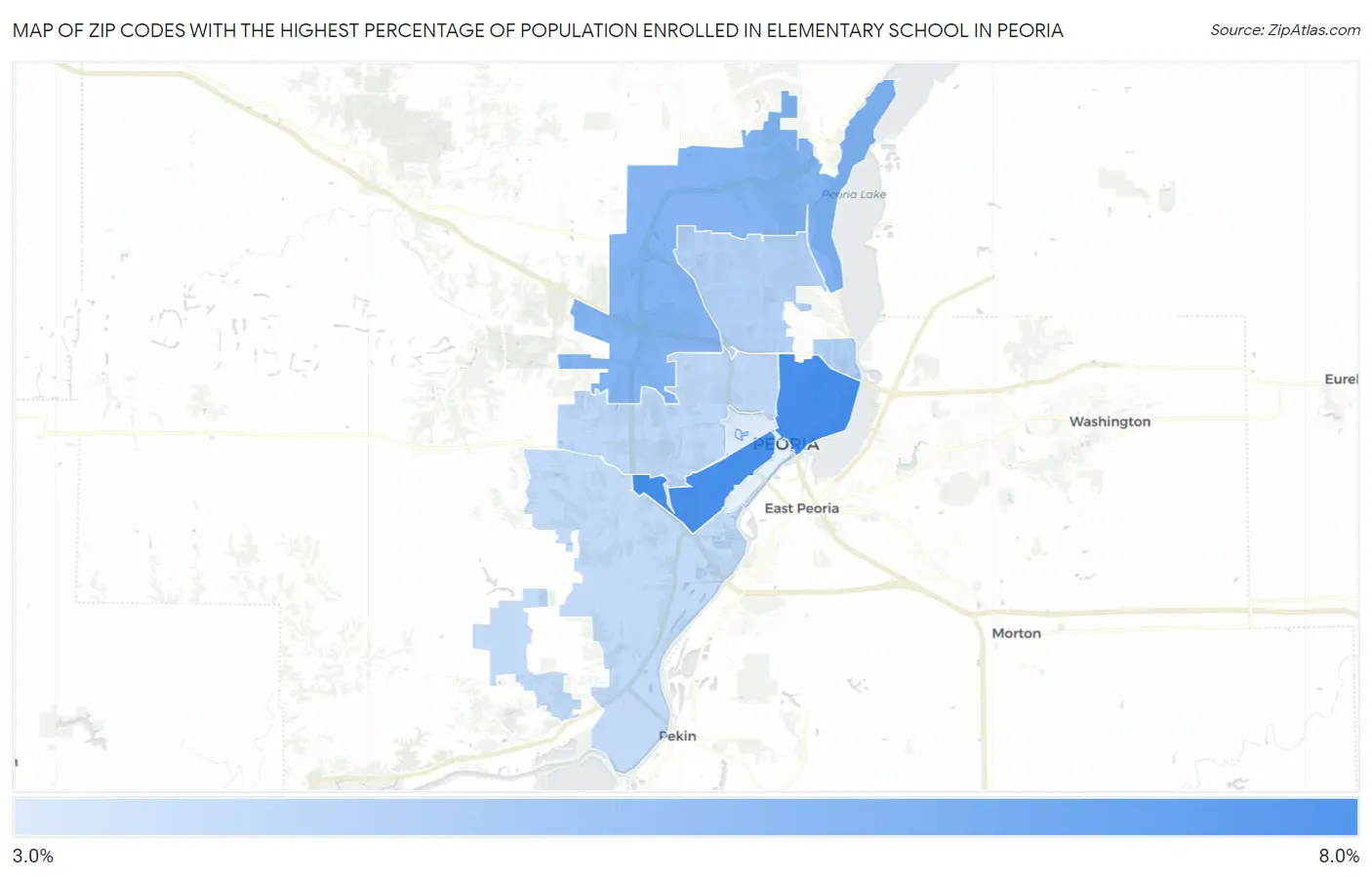 Zip Codes with the Highest Percentage of Population Enrolled in Elementary School in Peoria Map