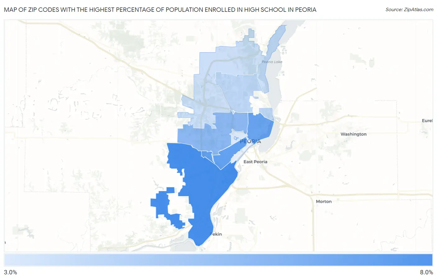 Zip Codes with the Highest Percentage of Population Enrolled in High School in Peoria Map