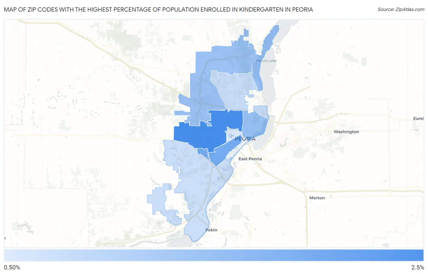 Zip Codes with the Highest Percentage of Population Enrolled in Kindergarten in Peoria Map