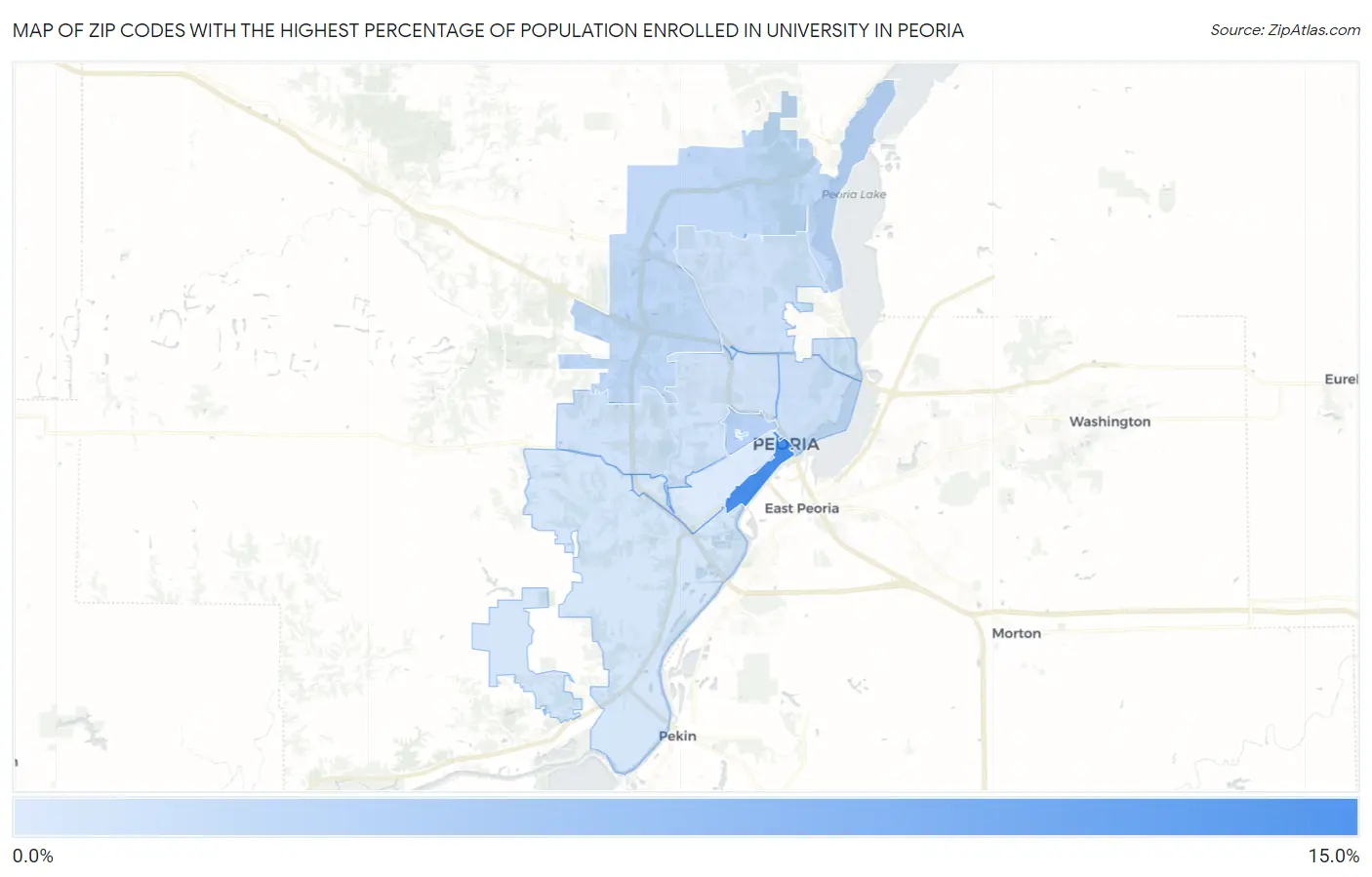 Zip Codes with the Highest Percentage of Population Enrolled in University in Peoria Map