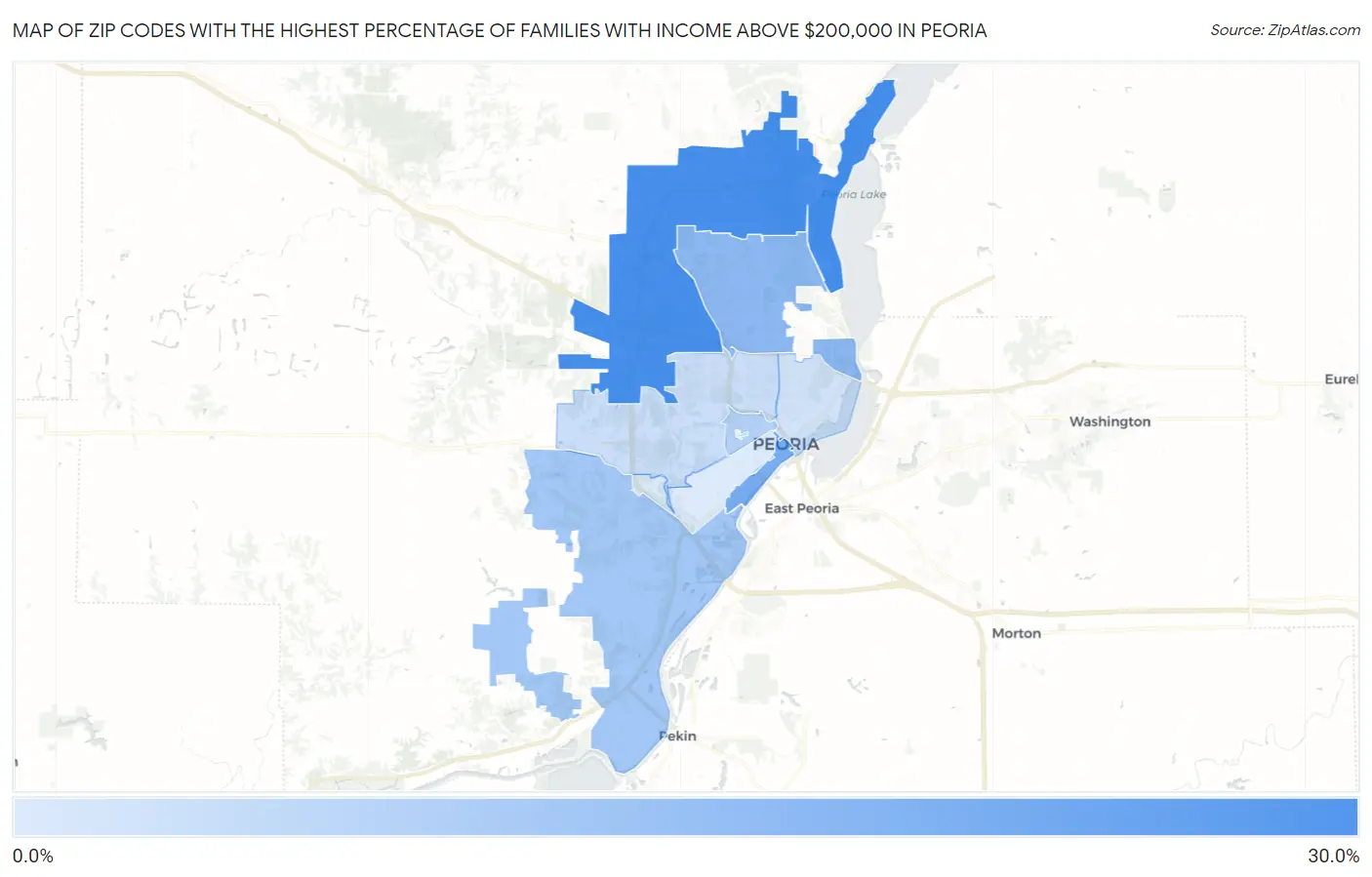 Zip Codes with the Highest Percentage of Families with Income Above $200,000 in Peoria Map