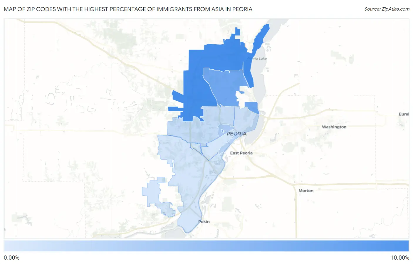 Zip Codes with the Highest Percentage of Immigrants from Asia in Peoria Map