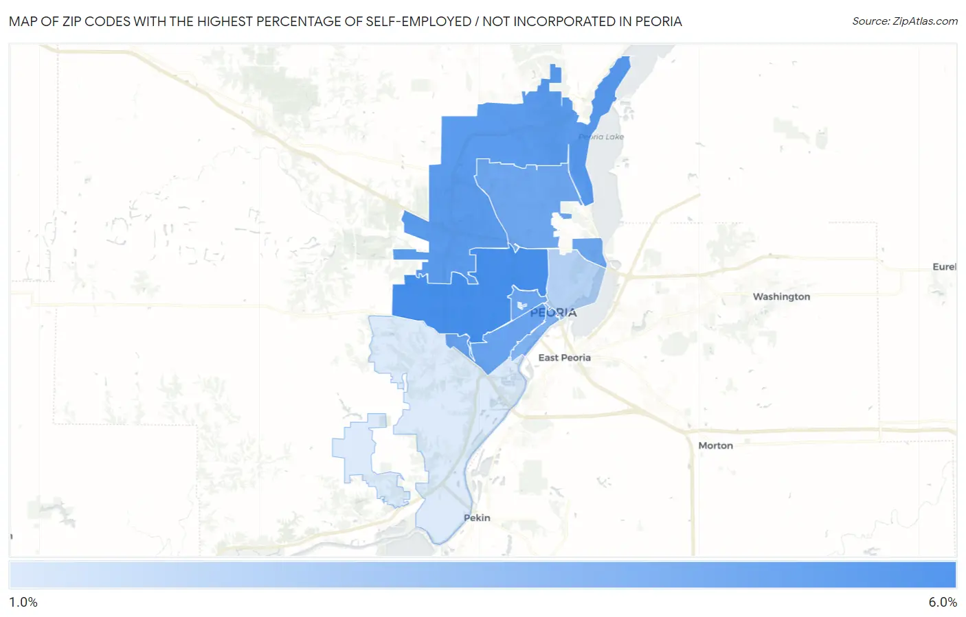 Zip Codes with the Highest Percentage of Self-Employed / Not Incorporated in Peoria Map