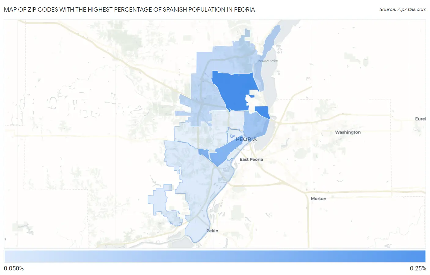 Zip Codes with the Highest Percentage of Spanish Population in Peoria Map