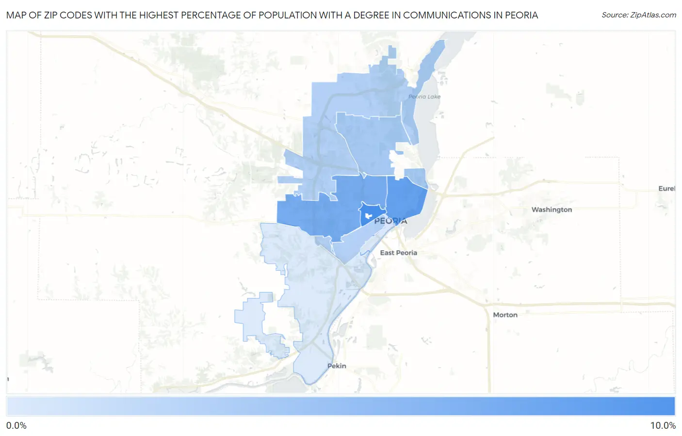 Zip Codes with the Highest Percentage of Population with a Degree in Communications in Peoria Map