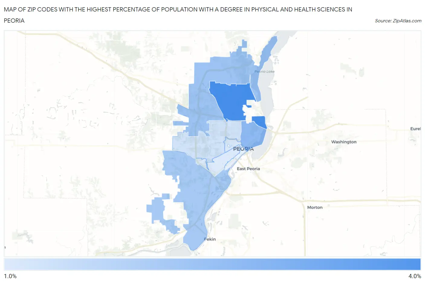 Zip Codes with the Highest Percentage of Population with a Degree in Physical and Health Sciences in Peoria Map