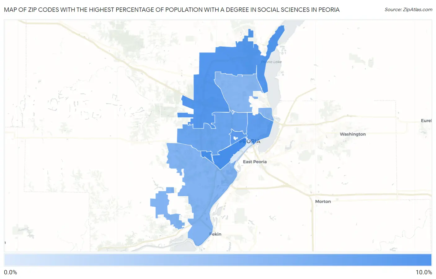 Zip Codes with the Highest Percentage of Population with a Degree in Social Sciences in Peoria Map