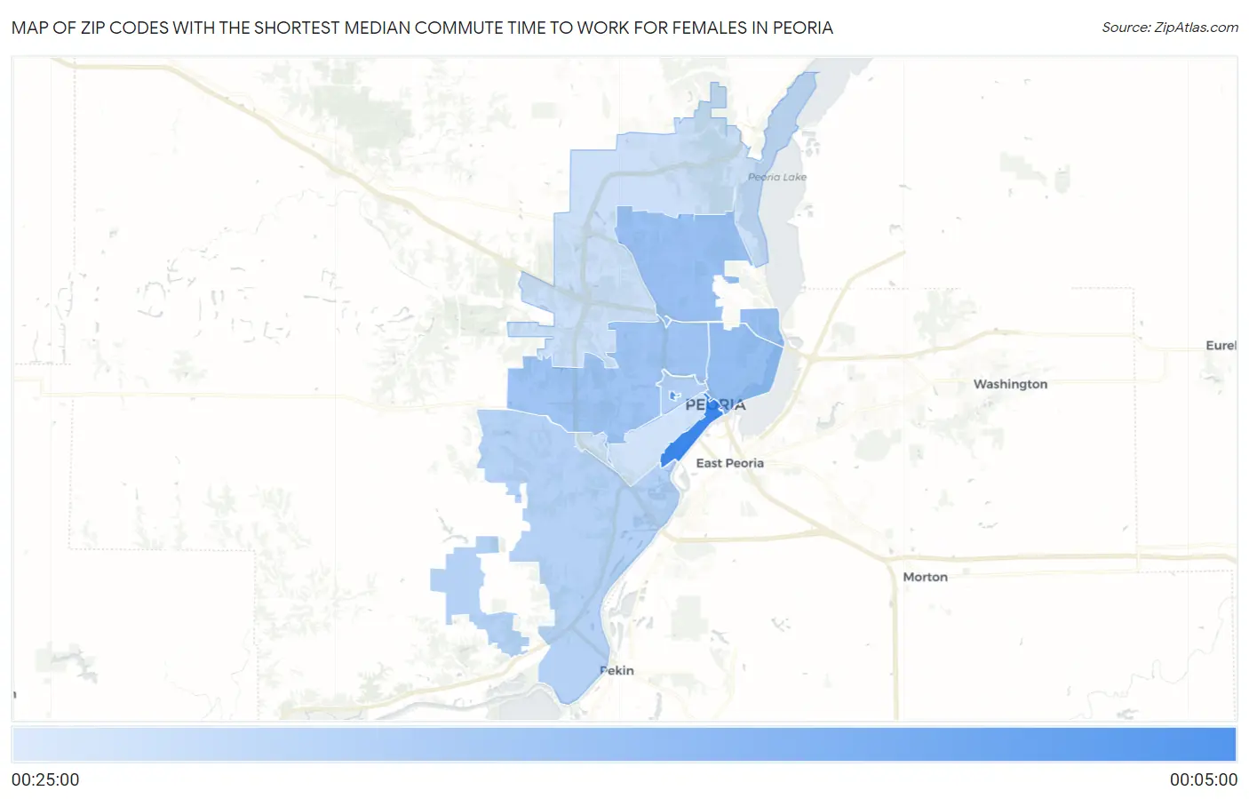 Zip Codes with the Shortest Median Commute Time to Work for Females in Peoria Map