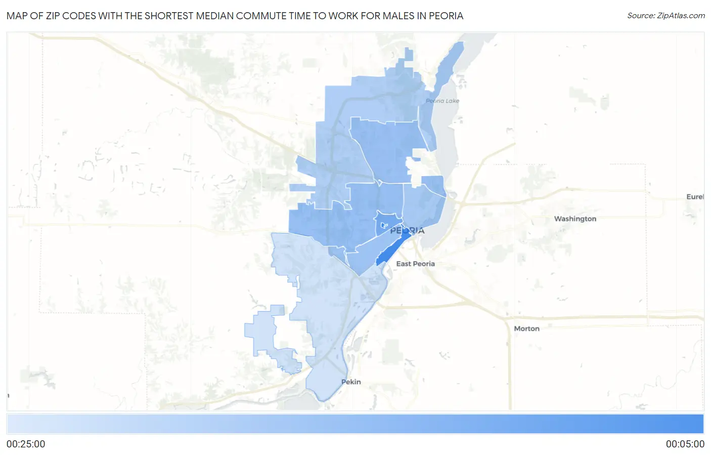 Zip Codes with the Shortest Median Commute Time to Work for Males in Peoria Map