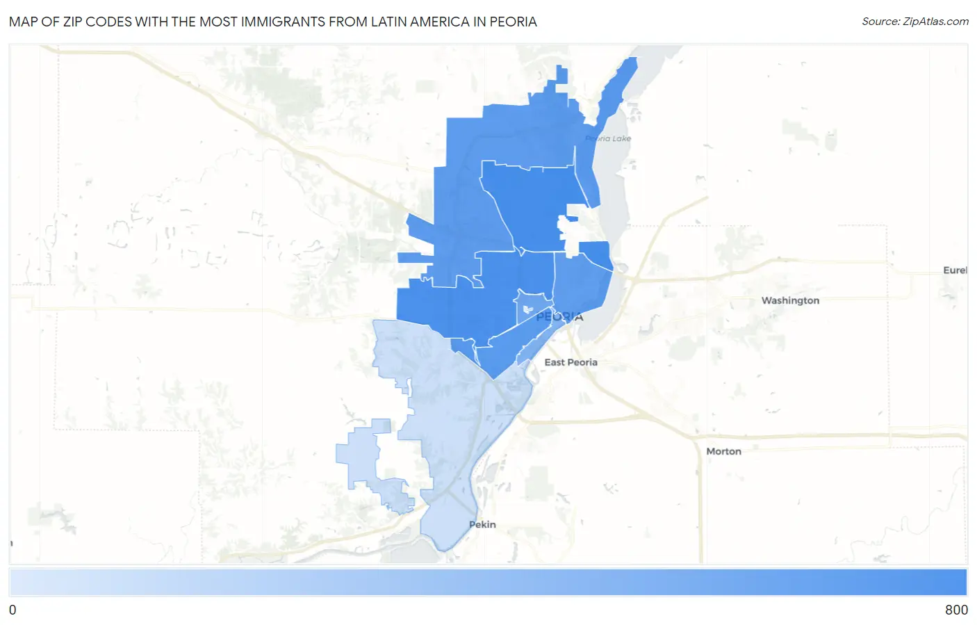 Zip Codes with the Most Immigrants from Latin America in Peoria Map