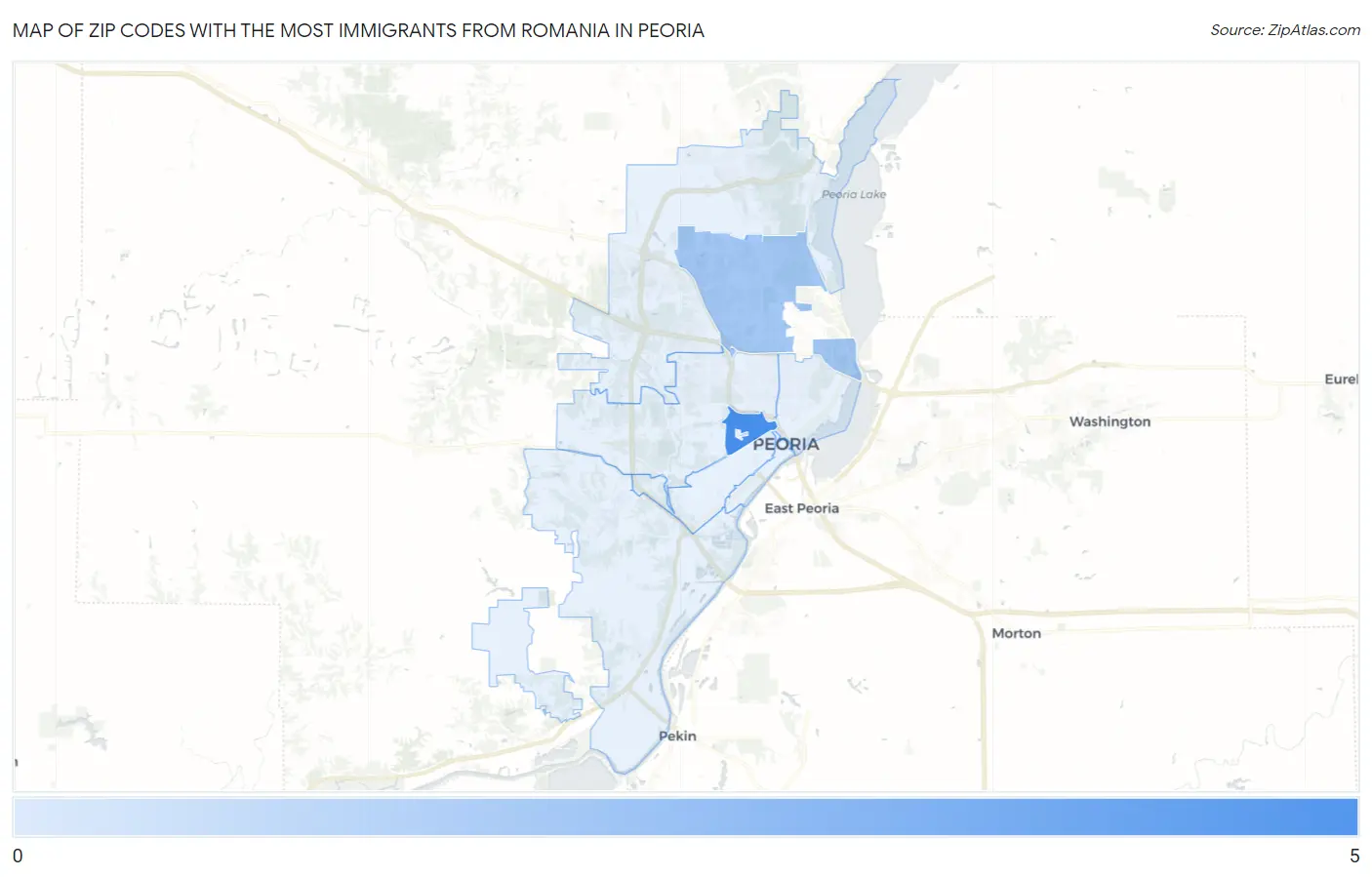 Zip Codes with the Most Immigrants from Romania in Peoria Map