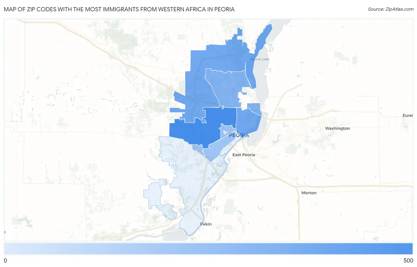 Zip Codes with the Most Immigrants from Western Africa in Peoria Map