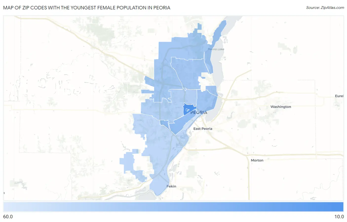 Zip Codes with the Youngest Female Population in Peoria Map