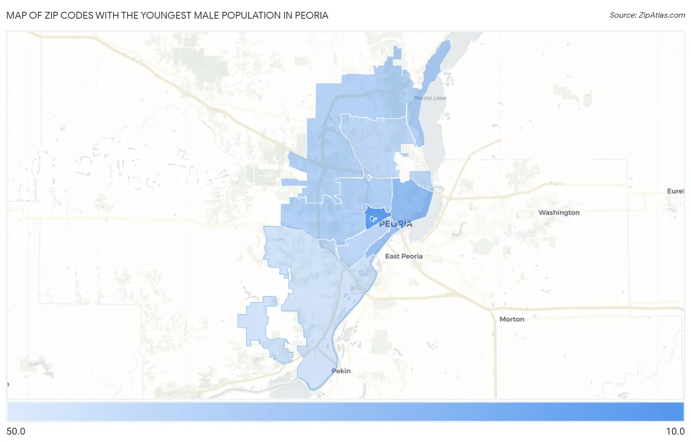 Zip Codes with the Youngest Male Population in Peoria Map