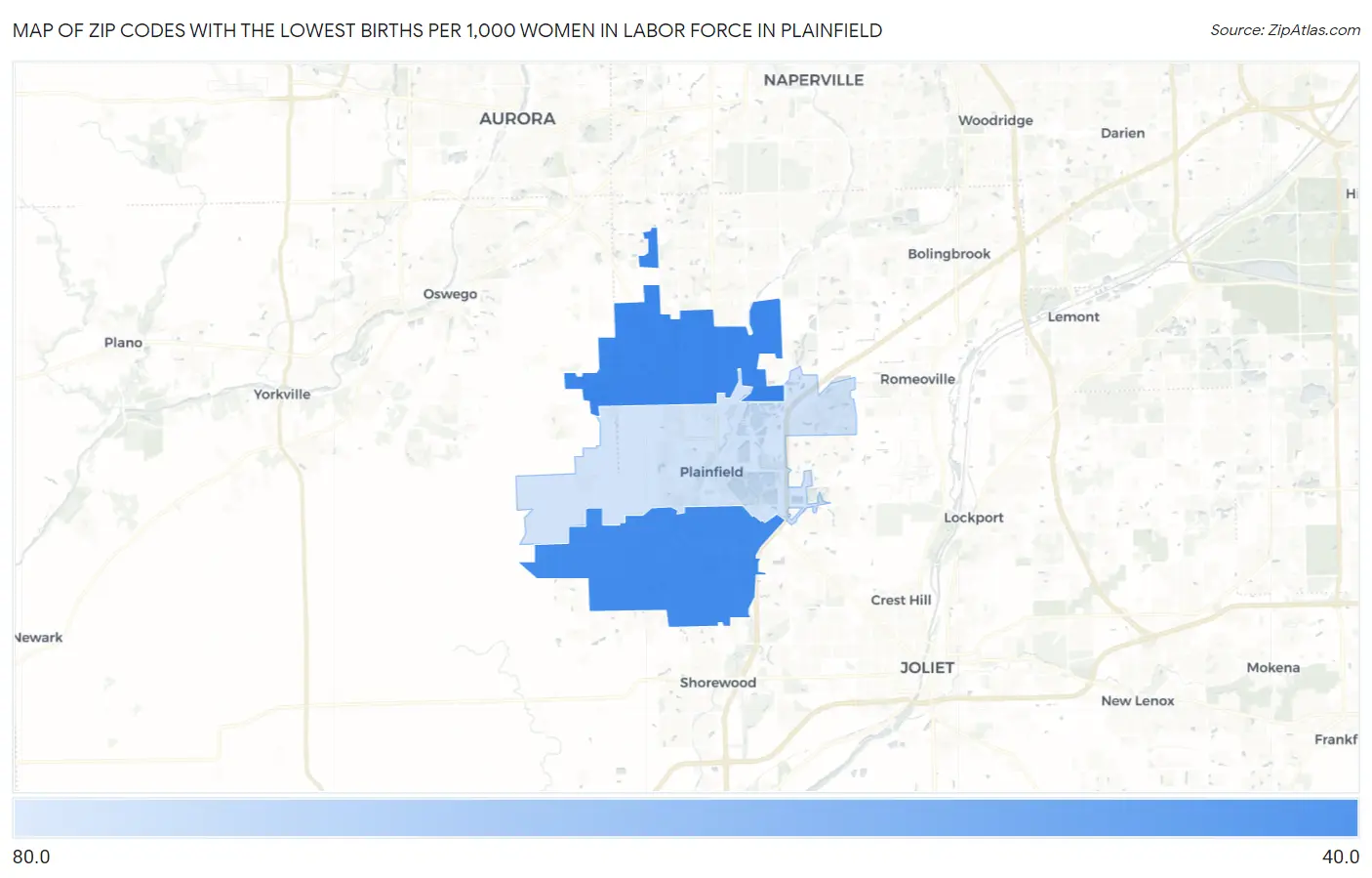 Zip Codes with the Lowest Births per 1,000 Women in Labor Force in Plainfield Map