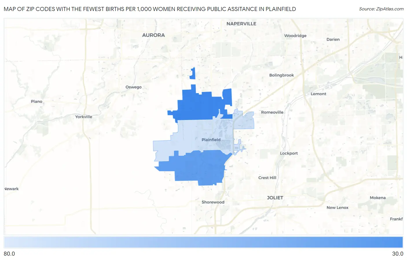 Zip Codes with the Fewest Births per 1,000 Women Receiving Public Assitance in Plainfield Map
