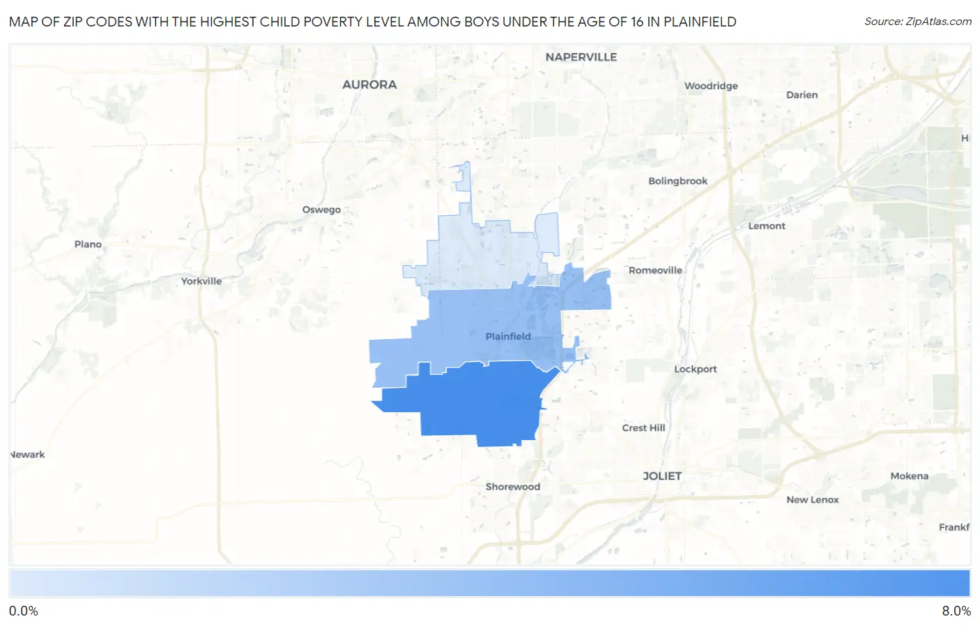 Zip Codes with the Highest Child Poverty Level Among Boys Under the Age of 16 in Plainfield Map
