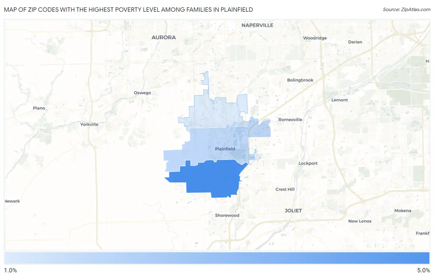 Zip Codes with the Highest Poverty Level Among Families in Plainfield Map