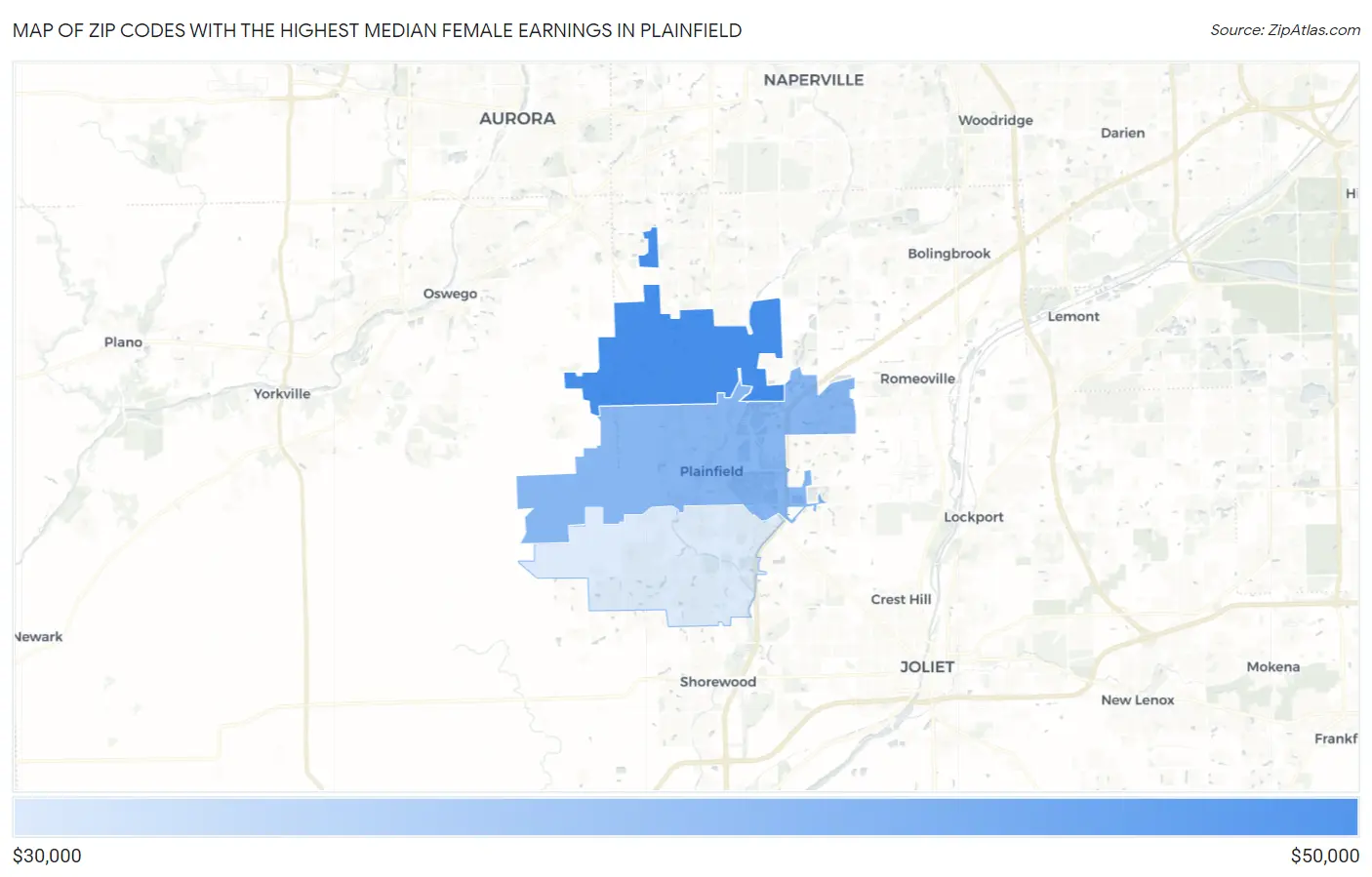 Zip Codes with the Highest Median Female Earnings in Plainfield Map
