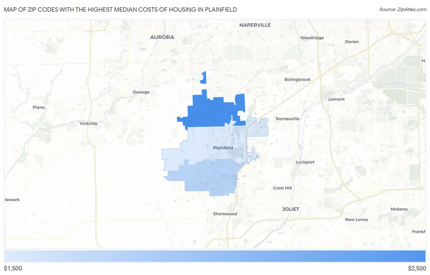 Zip Codes with the Highest Median Costs of Housing in Plainfield Map