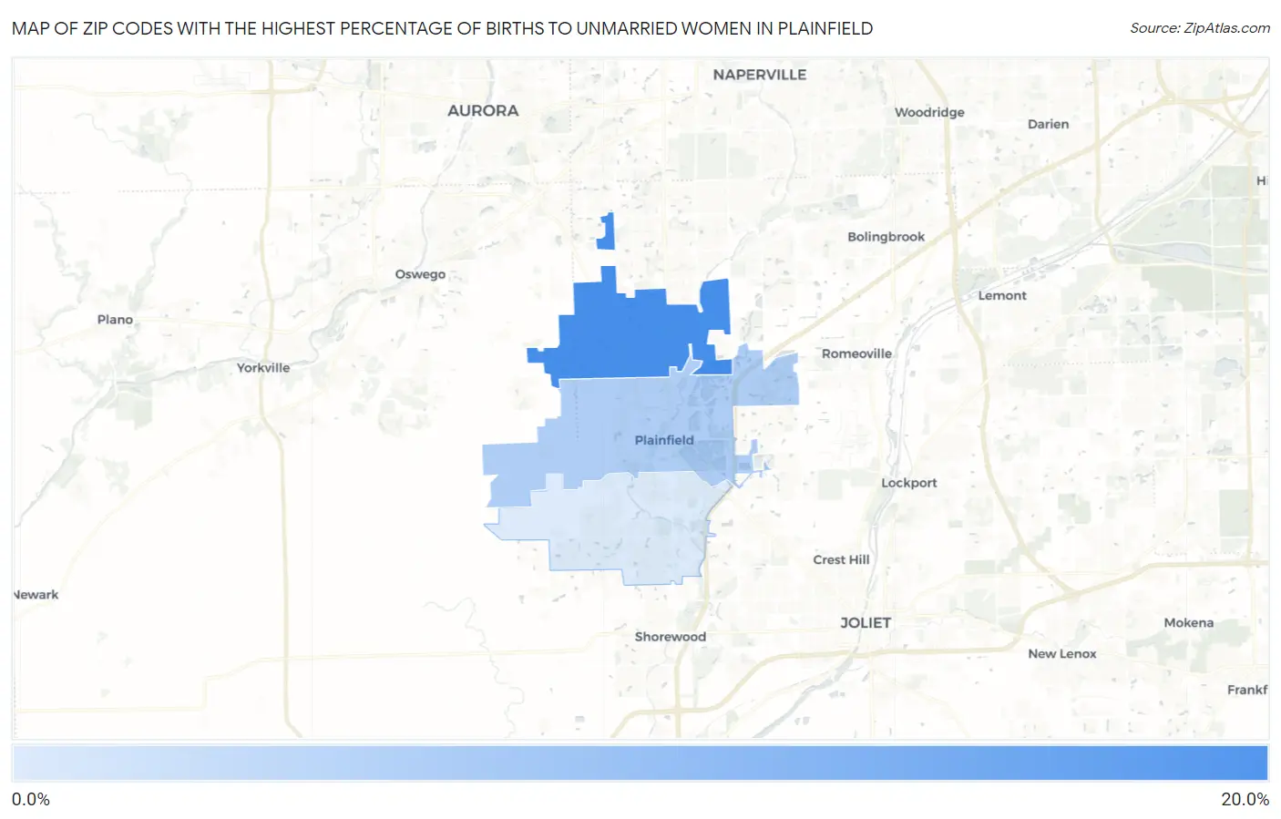 Zip Codes with the Highest Percentage of Births to Unmarried Women in Plainfield Map