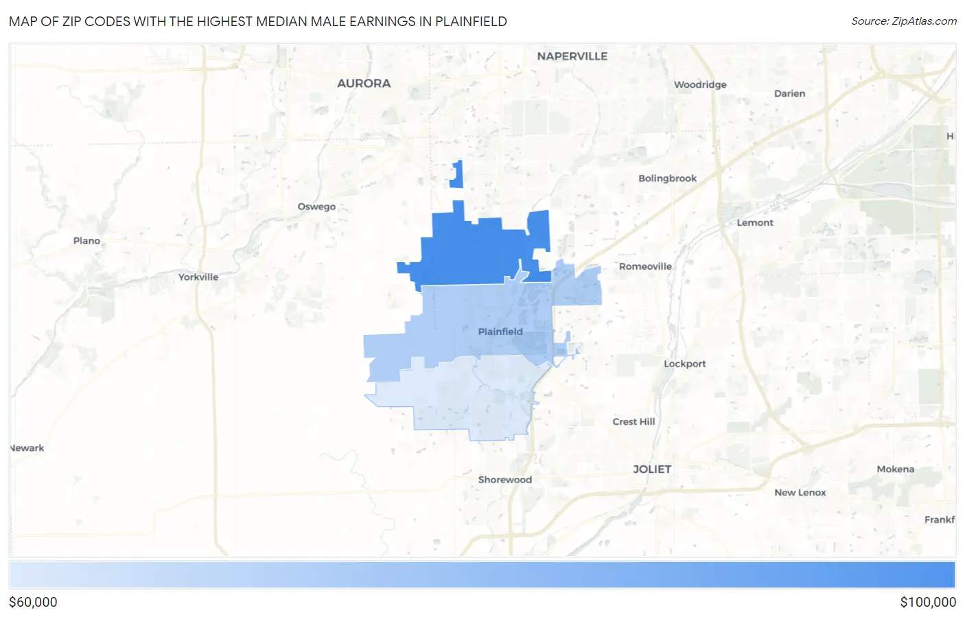 Zip Codes with the Highest Median Male Earnings in Plainfield Map