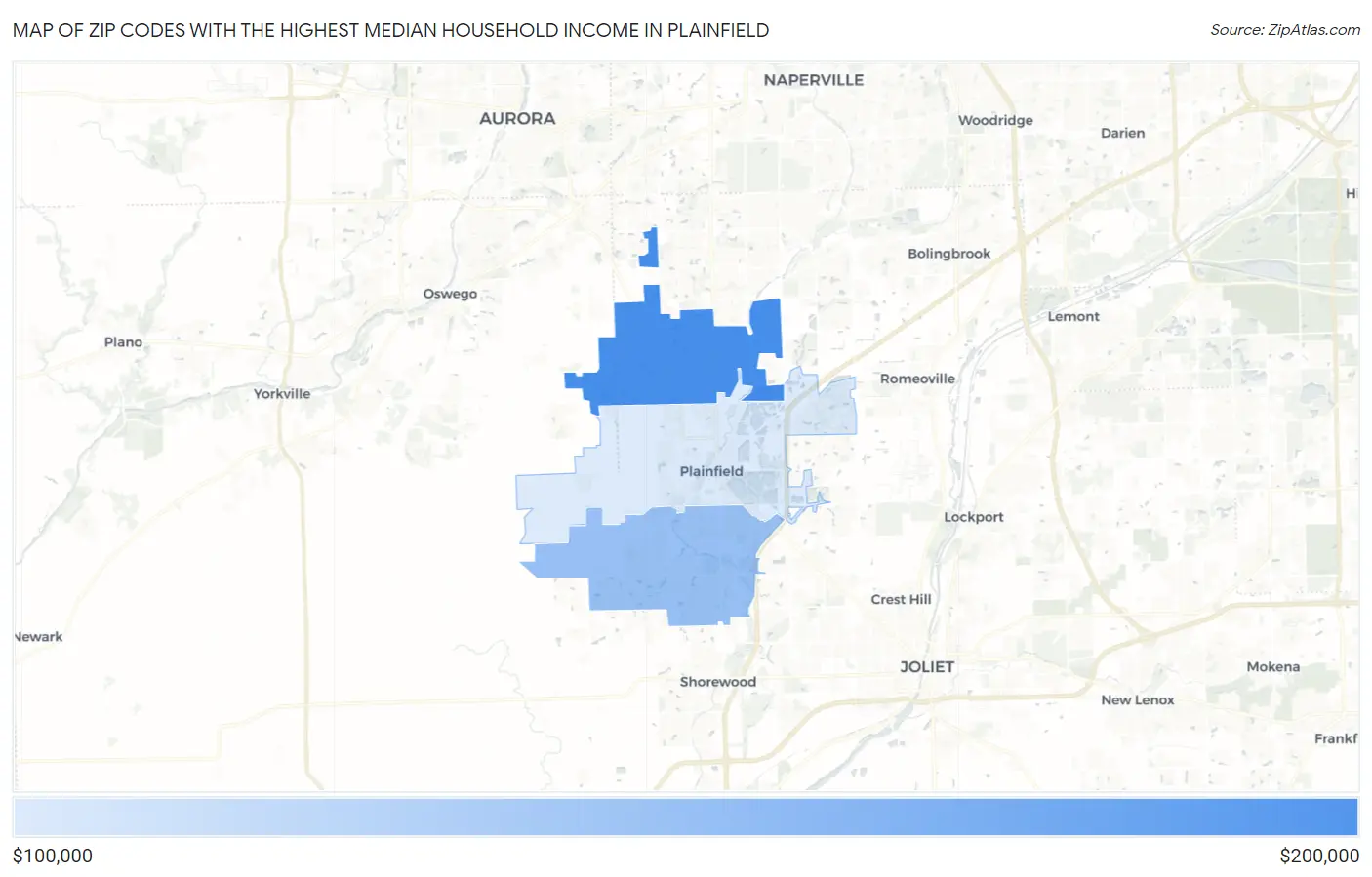 Zip Codes with the Highest Median Household Income in Plainfield Map