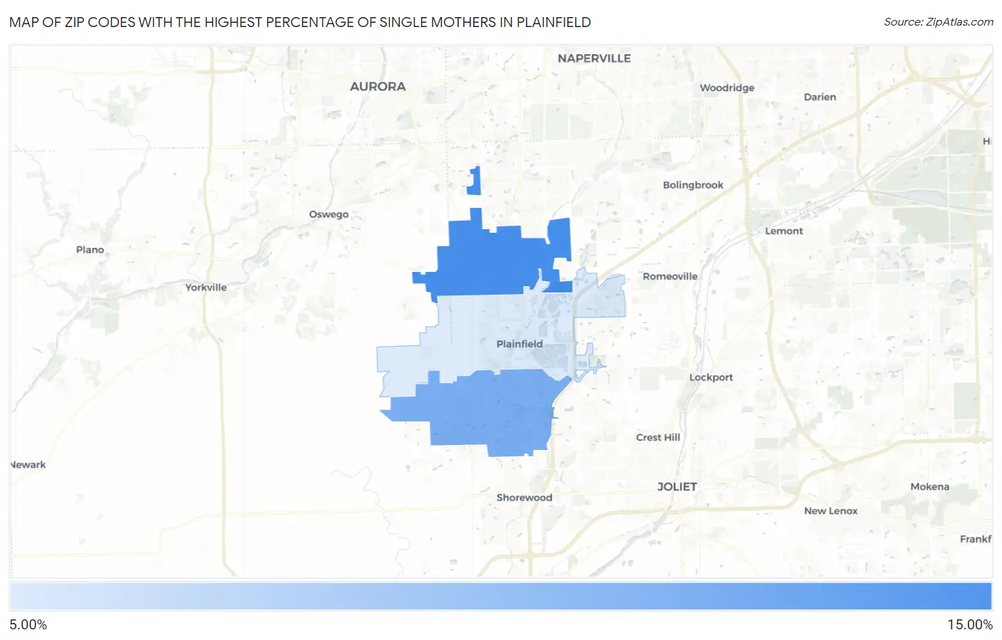 Zip Codes with the Highest Percentage of Single Mothers in Plainfield Map