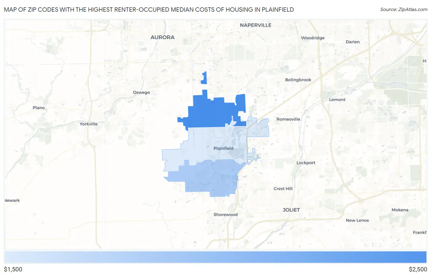 Zip Codes with the Highest Renter-Occupied Median Costs of Housing in Plainfield Map
