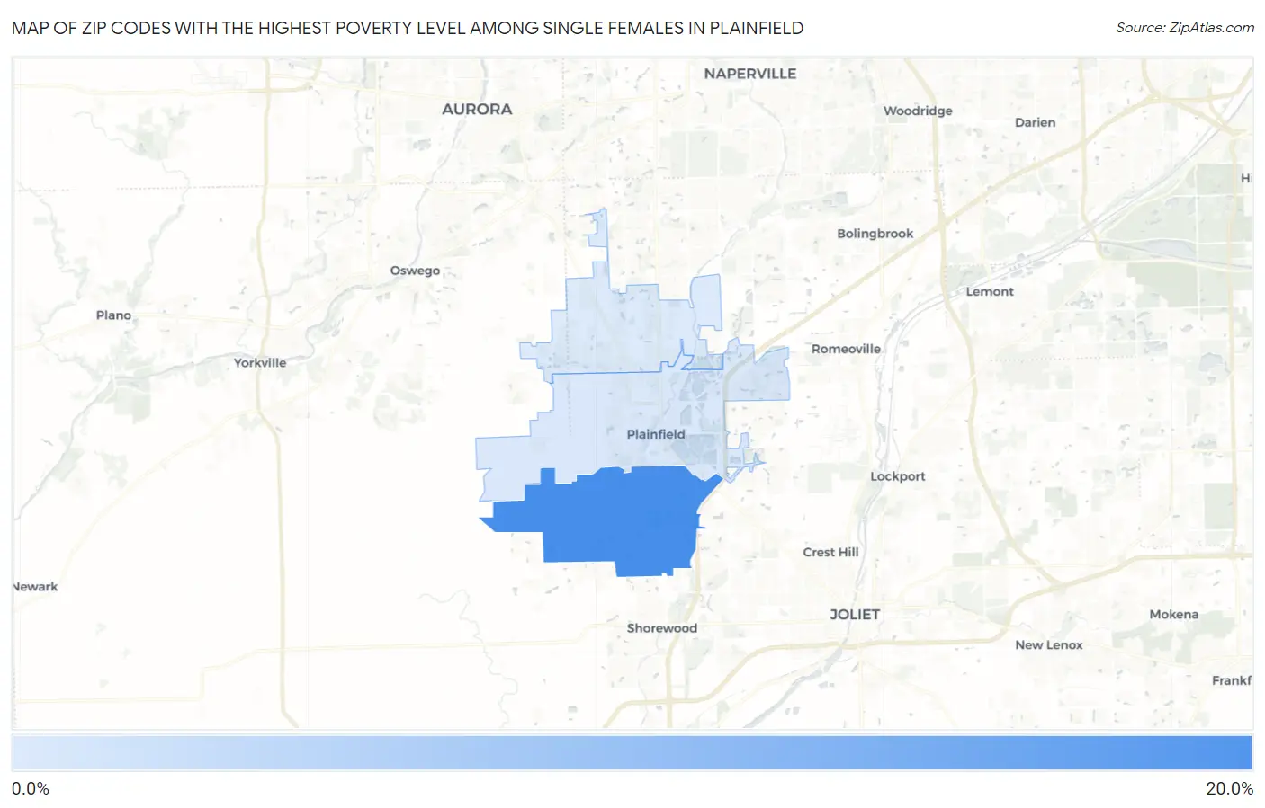 Zip Codes with the Highest Poverty Level Among Single Females in Plainfield Map