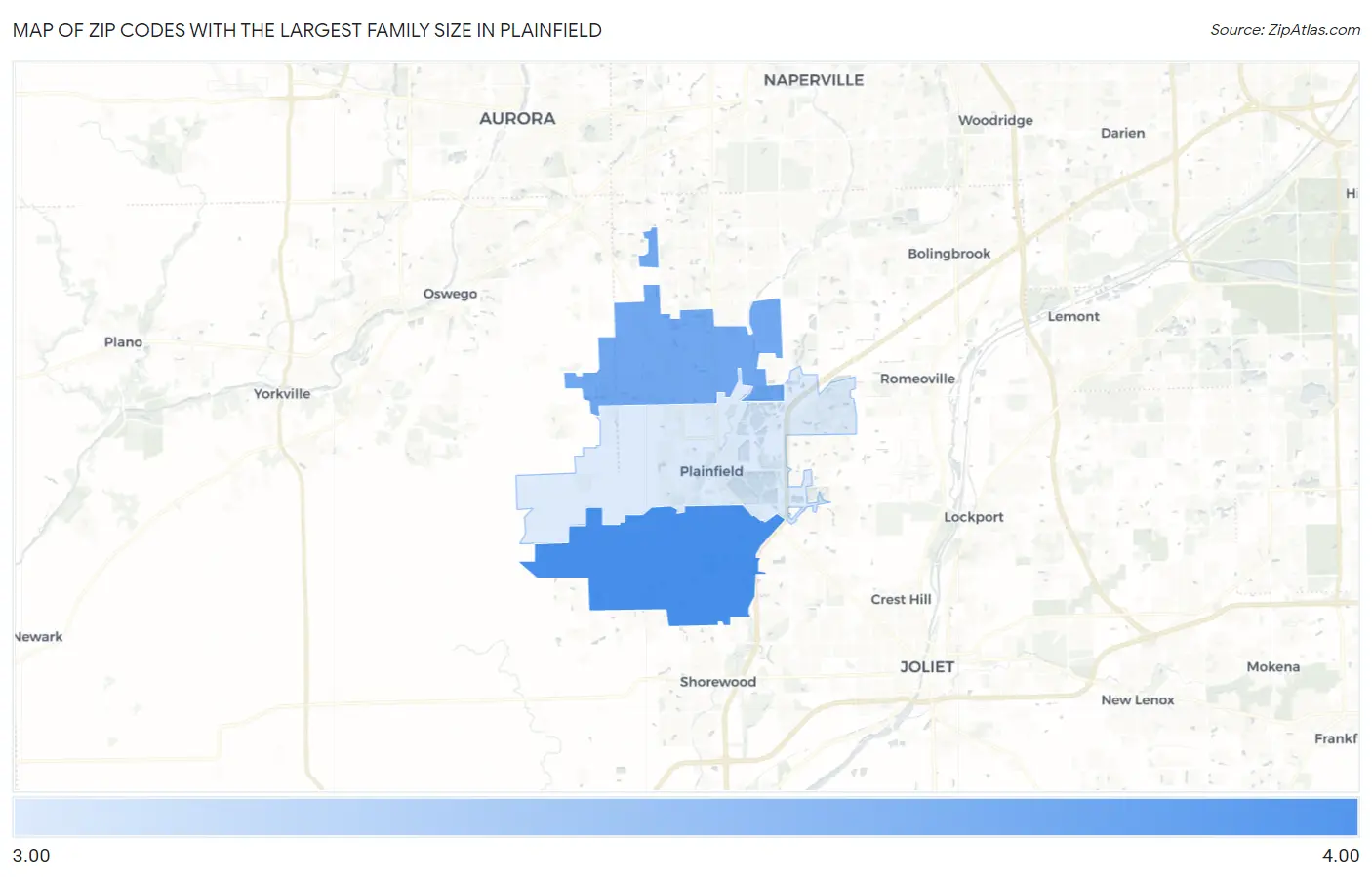Zip Codes with the Largest Family Size in Plainfield Map