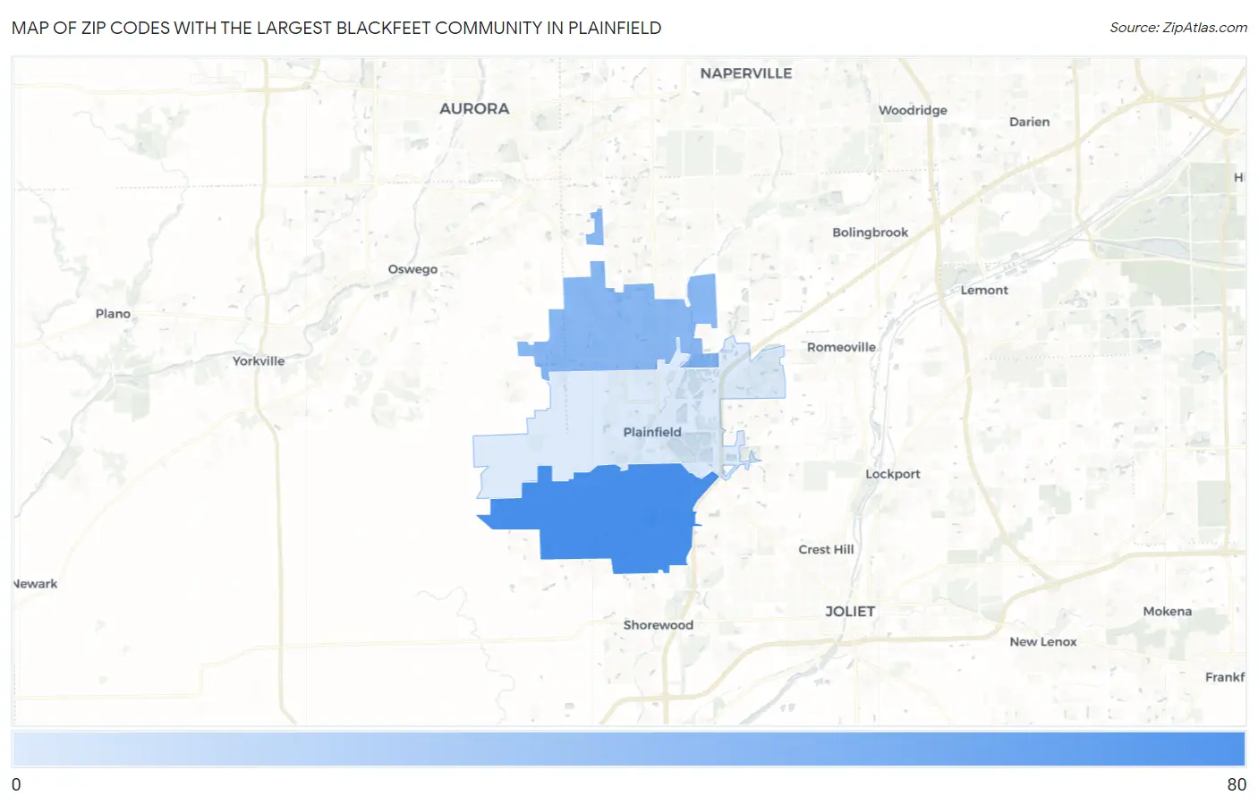 Zip Codes with the Largest Blackfeet Community in Plainfield Map