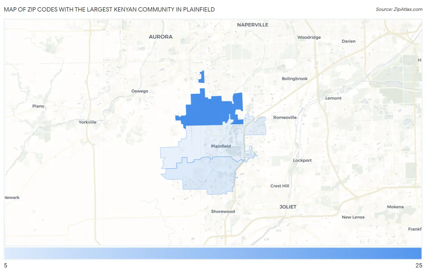 Zip Codes with the Largest Kenyan Community in Plainfield Map