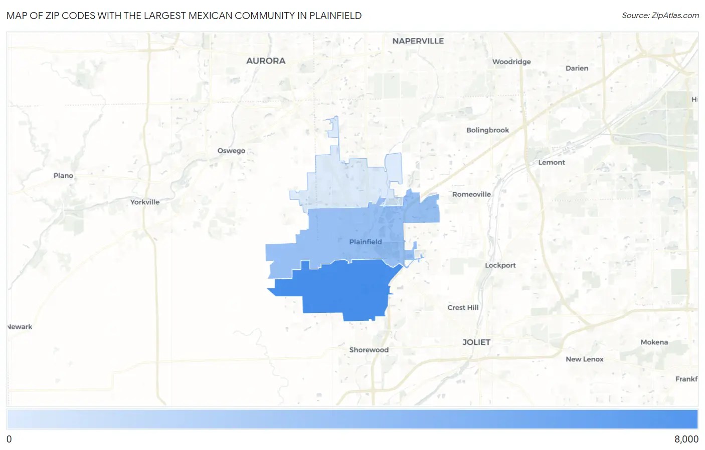 Zip Codes with the Largest Mexican Community in Plainfield Map