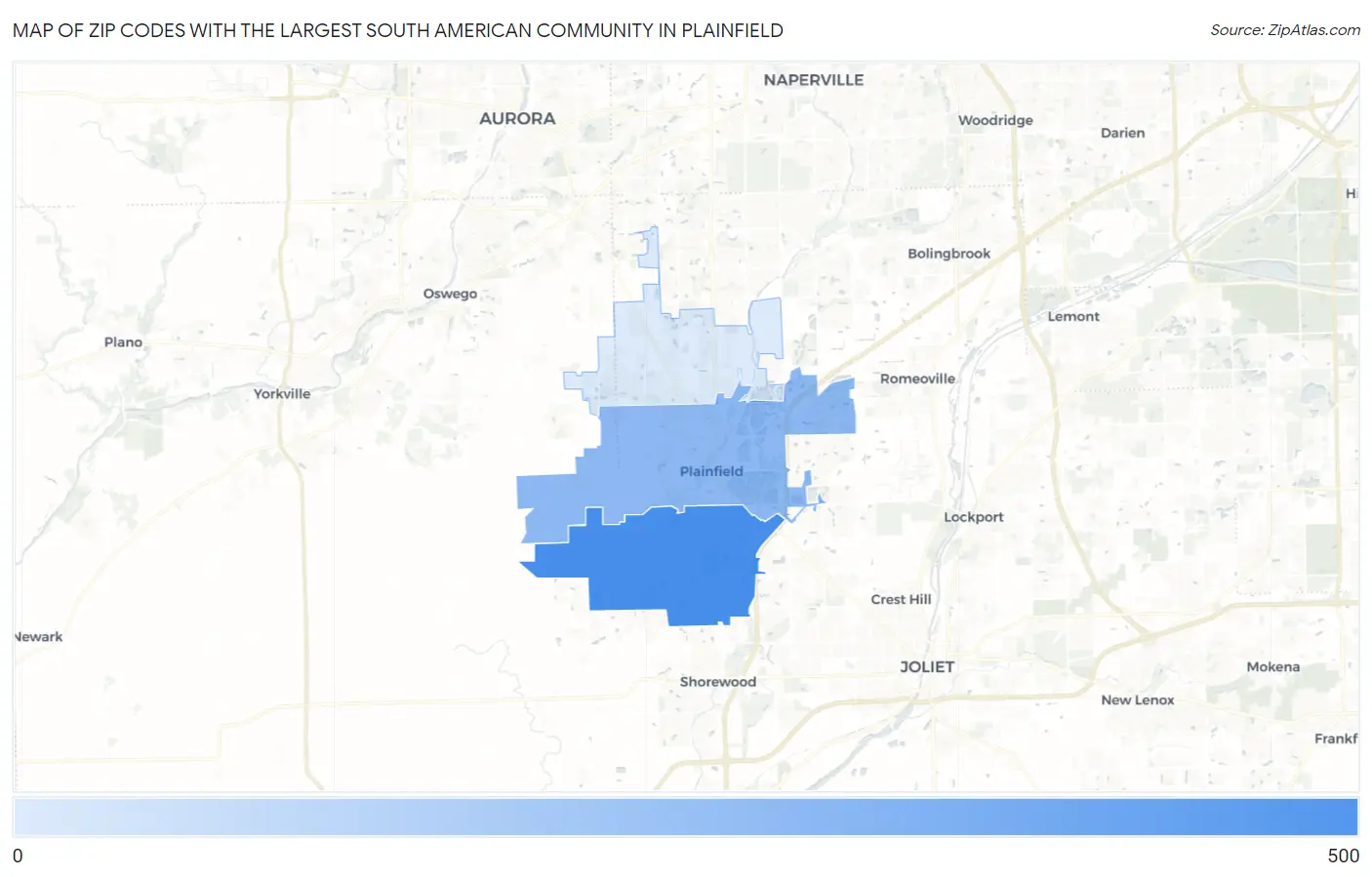 Zip Codes with the Largest South American Community in Plainfield Map