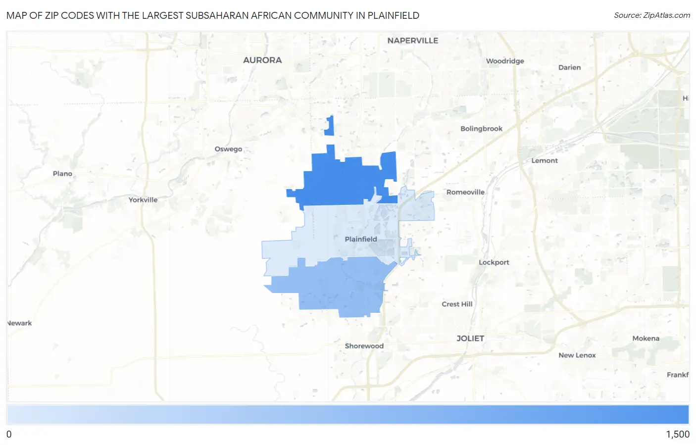 Zip Codes with the Largest Subsaharan African Community in Plainfield Map