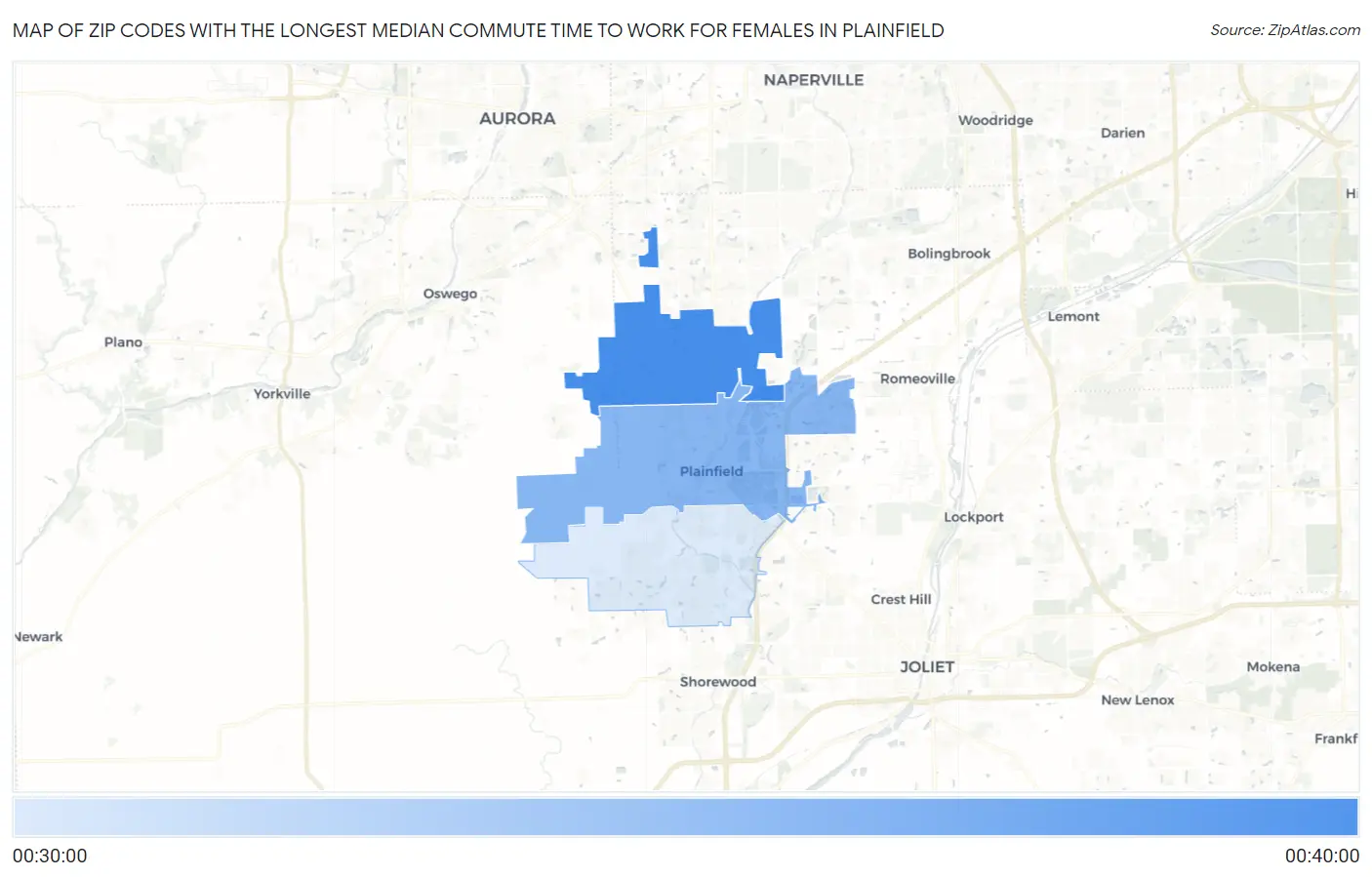 Zip Codes with the Longest Median Commute Time to Work for Females in Plainfield Map