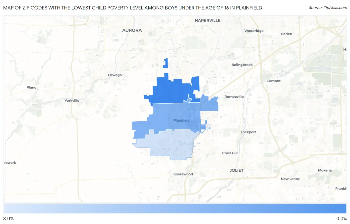 Zip Codes with the Lowest Child Poverty Level Among Boys Under the Age of 16 in Plainfield Map
