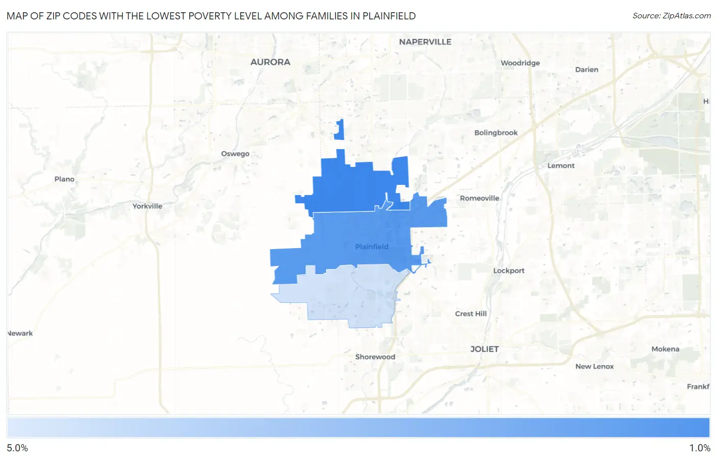 Zip Codes with the Lowest Poverty Level Among Families in Plainfield Map