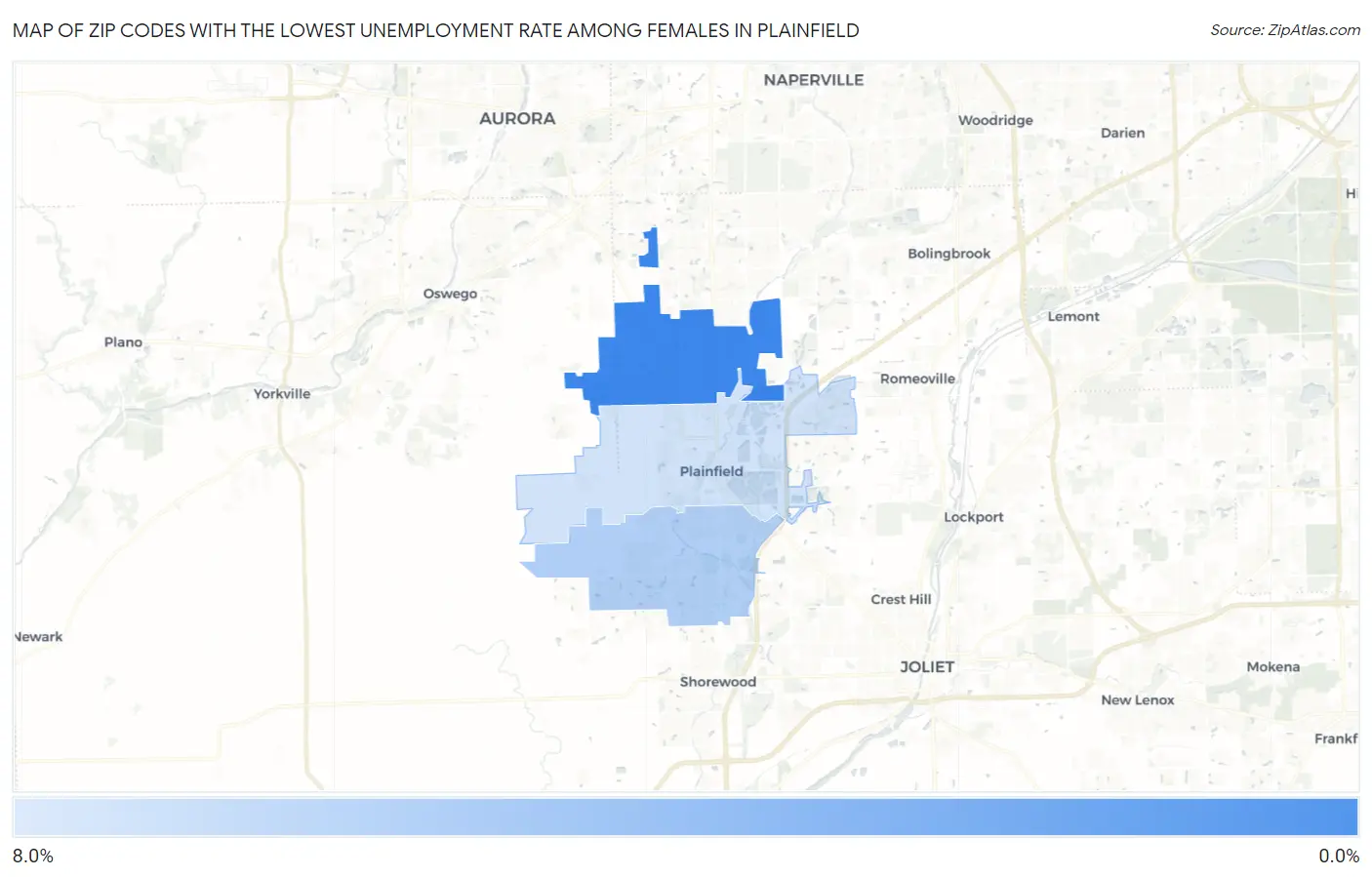 Zip Codes with the Lowest Unemployment Rate Among Females in Plainfield Map