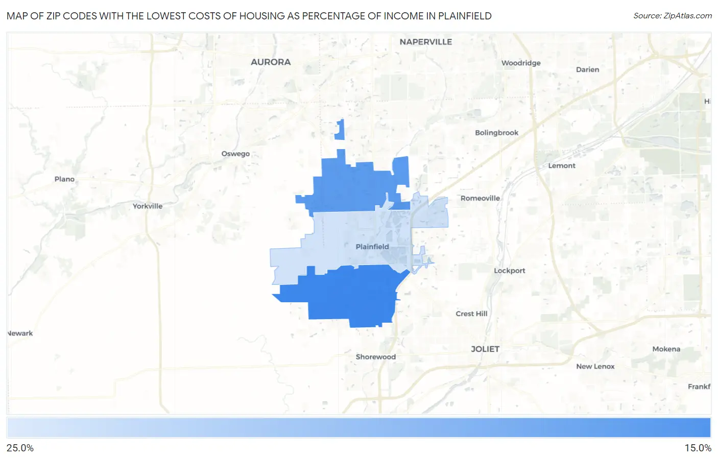 Zip Codes with the Lowest Costs of Housing as Percentage of Income in Plainfield Map