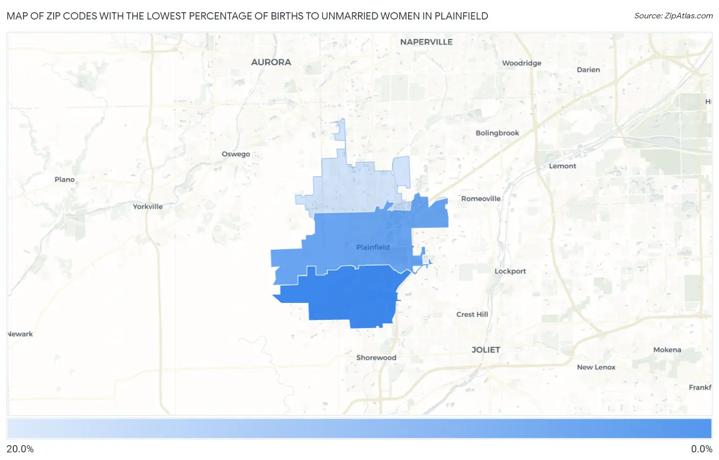 Zip Codes with the Lowest Percentage of Births to Unmarried Women in Plainfield Map