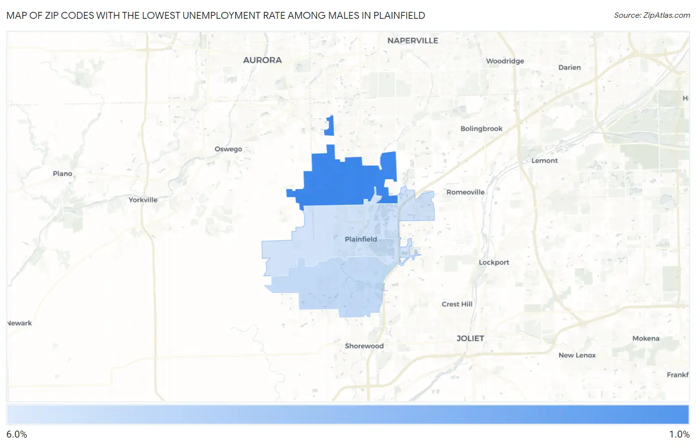 Zip Codes with the Lowest Unemployment Rate Among Males in Plainfield Map