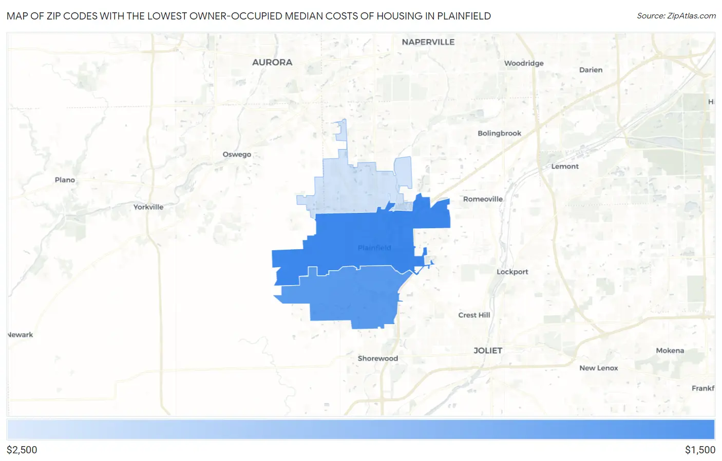 Zip Codes with the Lowest Owner-Occupied Median Costs of Housing in Plainfield Map
