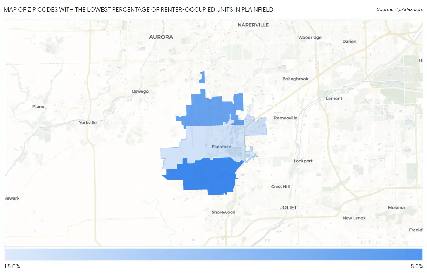 Zip Codes with the Lowest Percentage of Renter-Occupied Units in Plainfield Map